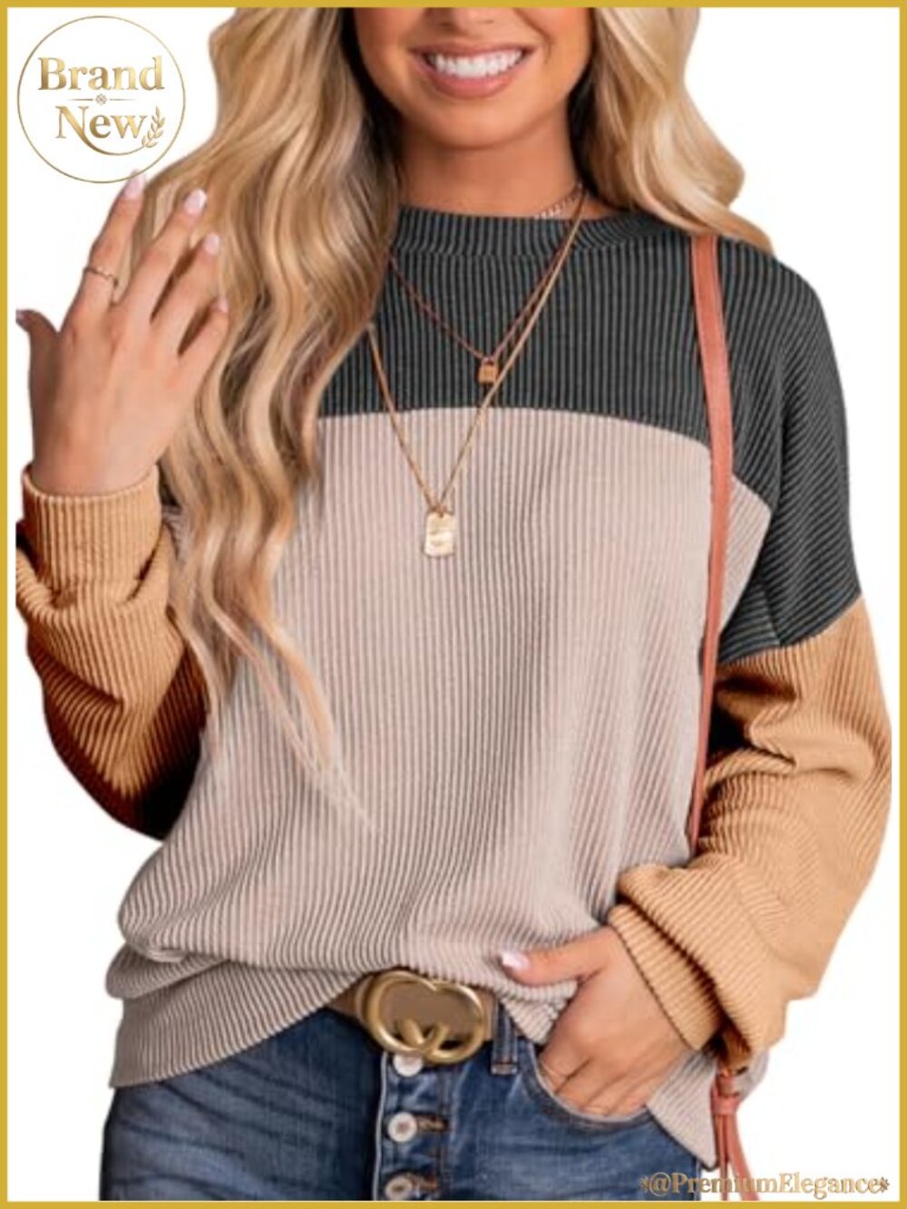 Color Block Knit Long Sleeve Top for Women Crewneck Loose Fit